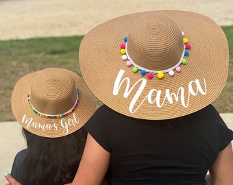 Mommy and Me Floppy Sun Hat Set, Custom Sequin Vinyl, Pom Pom Straw Hats