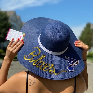 Floppy Blue Beach Sequin Vinyl Hat Personalized Bride Hat Floppy Hat with Name Custom Personalized Beach Hat Honeymoon Gift Mrs Floppy Hat