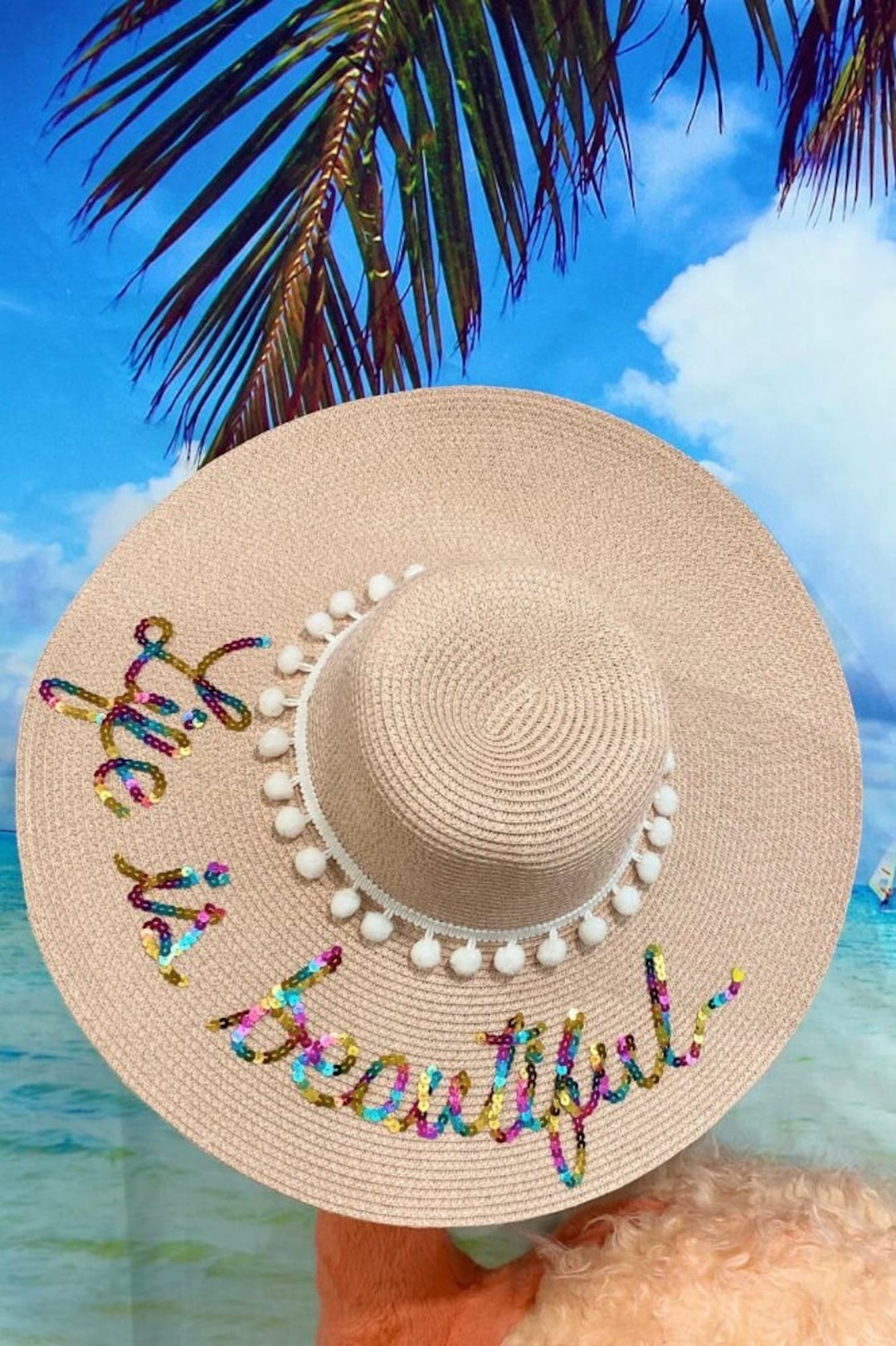 Personalized Custom Beach Floppy Multicolor Sequin Pom Pom 