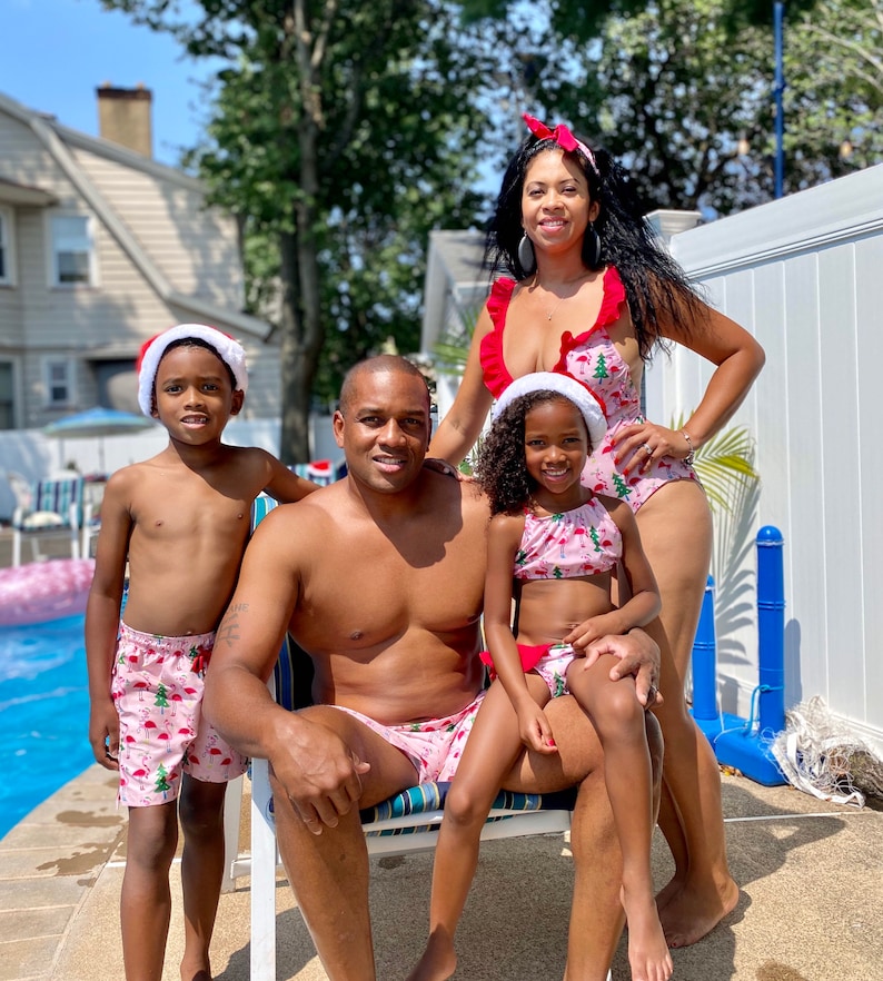 matching swim trunks and bikini