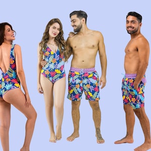 Custom Tropical Couples Matching Swimwear Set – Perfect for Honeymoon, Beach Vacation & Holiday Gift!
