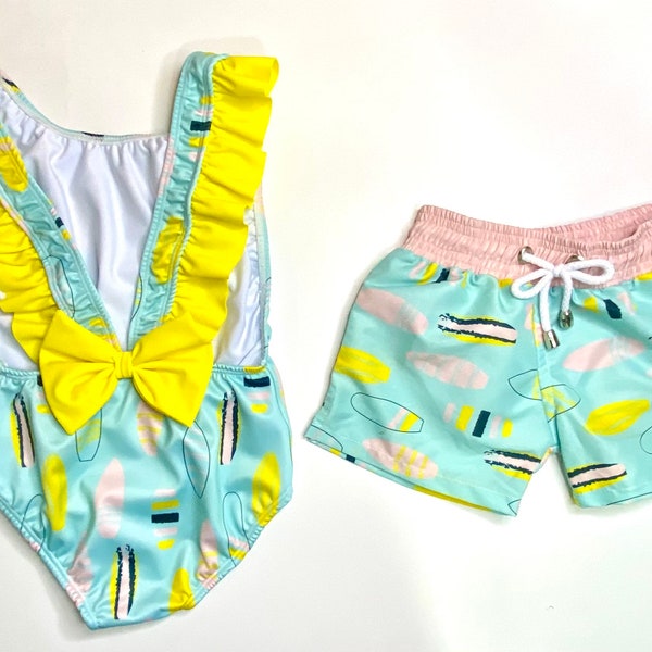 Surf bording Summer Swimwear trunks Set,Brother and Sister kids Matching Swimsuit, Sibling sets, Spf