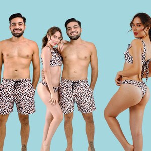 Couples Matching Swimsuits Swimwear  In Animal Print Cheetah Love Bride gift Bathing Suit Trunks, vacation gift
