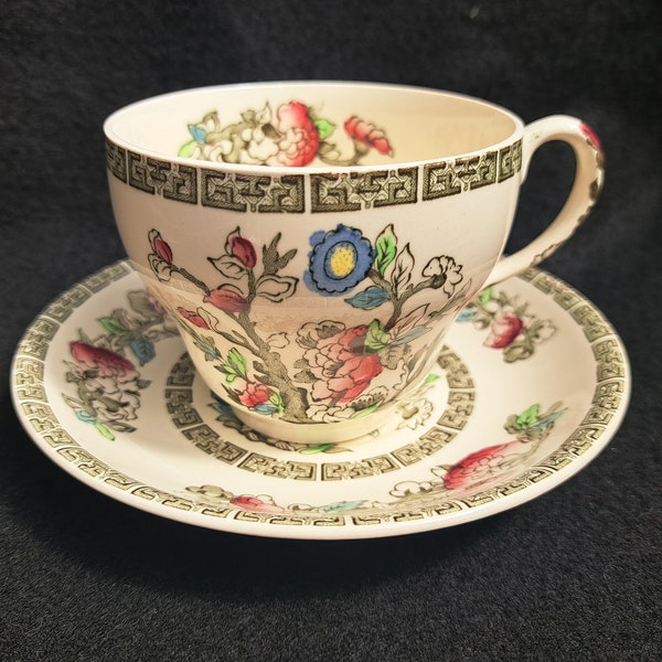 vintage Johnson Brothers Indian Tree pattern cup and saucer duo. Staffordshire teacup pair. Transfer print
