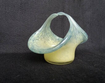 Vintage Scottish Vasart  basket posy bowl in yellow and blue glass. Scottish glass. pattern B003
