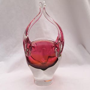 vintage Chribska glass basket vase  Josef Hospodka. Sklo Czech Bohemia Crystal pink and orange glass. vase. 1960s