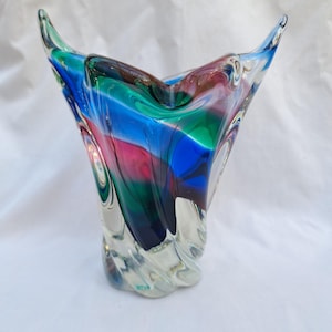 vintage Iwatsu Hineri glass vase. Japanese. 1970s. blue green pink twisted glass. hot work hand formed