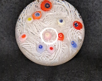 vintage Strathearn glass spaced millefiore on lace paperweight. Scottish Glass. Circa 1970 original label