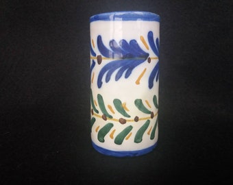 Mediterranean pottery glazed spill vase or raki tumbler. floral pattern. rustic. possibly Turkish.