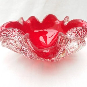 Vintage Murano bowl in ruby glass and silver aventurine. 1960s. rose. flower. voluminous candy dish. Hand blown