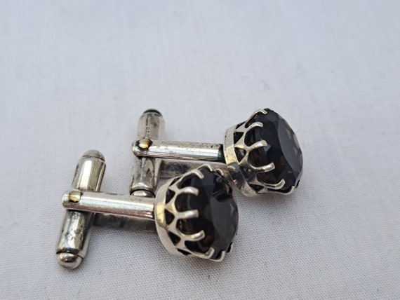 Vintage Malcolm Gray silver cufflinks with smoky … - image 2