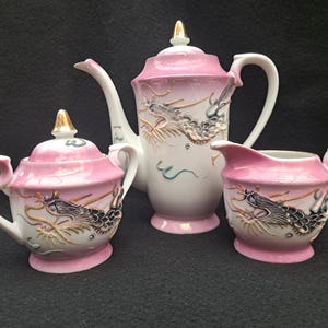 vintage Japanese Dragon ware moriage tea pot, cream and sugar bowl. Pink rose. 1950s 1960s. porcelain