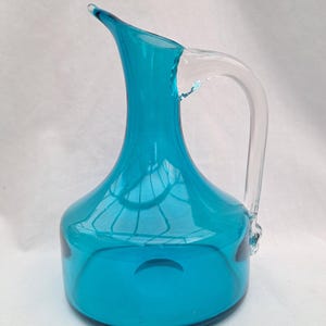 whitefriars glass Sparrow Beak jug pattern 9719 by Geoffrey Baxter 1960s retro glass. Kingfisher blue English glass kitchenalia