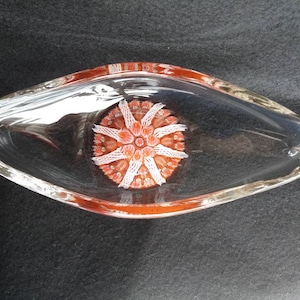 Unusual vintage Strathearn millefiore bowl in orange and white. latticino canes. flowers. Scottish Glass. 1970s.