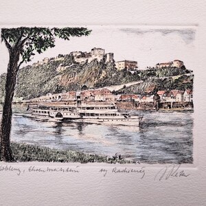 vintage drypoint etching of Koblenz Ehrenbreitstein by Raimund Reiter. 20th century German artist. framed signed and titled. Hand coloured.