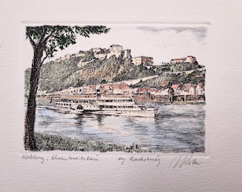 vintage drypoint etching of Koblenz Ehrenbreitstein by Raimund Reiter. 20th century German artist. framed signed and titled. Hand coloured.