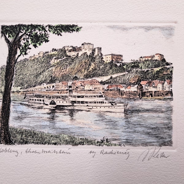 vintage drypoint etching of Koblenz Ehrenbreitstein by Raimund Reiter. 20th century German artist. framed signed and titled. Hand coloured.