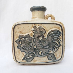Vintage stoneware vase. Rustic square vase. Rooster motif. WGP style pot. Handle flask vase. Blackwork Hans Schirmer Achatit germany