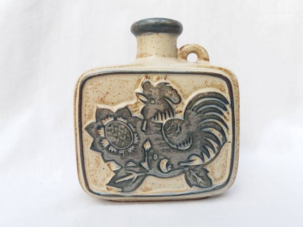 Vintage stoneware vase. Rustic square vase. Rooster motif. WGP style pot. Handle flask vase. Blackwork Hans Schirmer Achatit germany