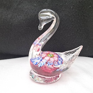 vintage Scottish millefiore swan paperweight in pink and blue by John Deacons. Deacons thistle cane and label.  Scottish Glass.