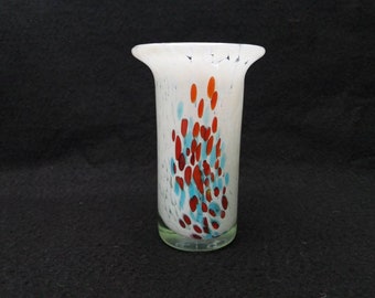 Vintage signed Mdina glass vase in white with blue and red spatter. mottled encased glass. Maltese Glass.