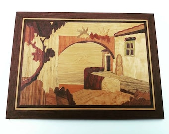 ヴィンテージ イタリア 寄木細工 ウォールアート / 海岸沿いの象嵌細工