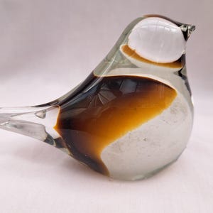 vintage glass bird paperweight. brown and cream encased glass. handmade.