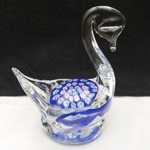 vintage Scottish millefiore swan paperweight in blue by John Deacons. signed JD cane. Scottish Glass.