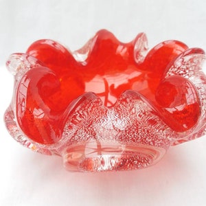 Vintage Murano bowl in ruby glass and silver aventurine. 1960s. rose. flower. voluminous candy dish. Hand blown