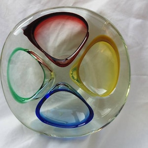 vintage Romanian glass dish with sectioned quadrants. coloured glass. space age