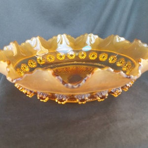 vintage Davidson Glass BlackBerry prunt fruit dish in amber glass. 1920s. pressed glass. pattern 269