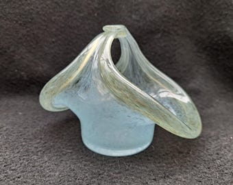 Vintage Scottish Vasart  basket posy bowl in pale blue and pale green glass. Scottish glass. Hotwork glass pattern B003