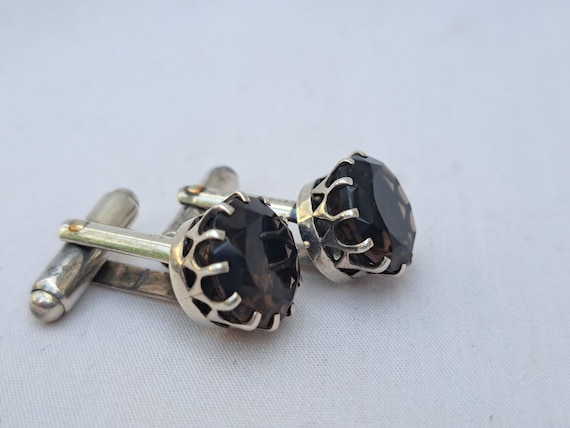 Vintage Malcolm Gray silver cufflinks with smoky … - image 1