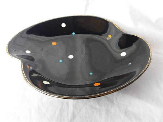 Old Foley James Kent black glaze china dish with spots. polka dots. 1950s ceramic. shaped side plate jewellery dish candy dish
