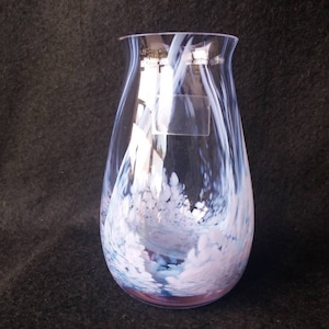 vintage Caithness Glass Rondo posy vase in swirling sapphire blue and white glass. pinky purple. label.