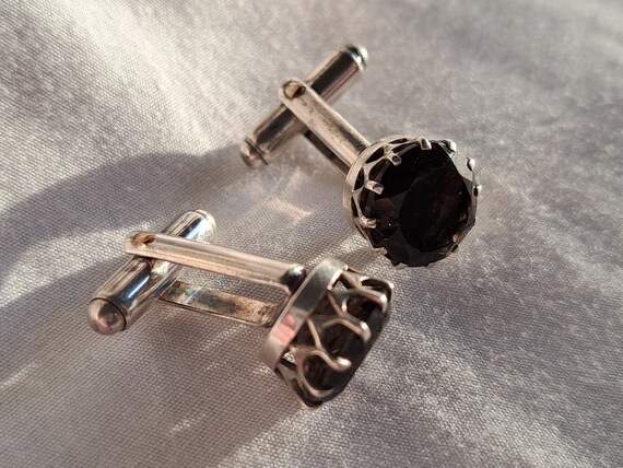 Vintage Malcolm Gray silver cufflinks with smoky … - image 8