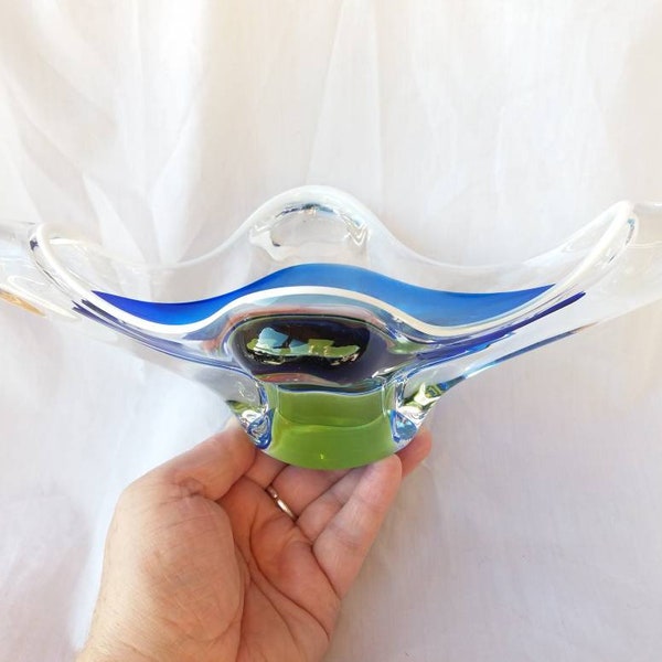 vintage Chribska glass bowl. Josef Hospodka. Sklo Union Czech Bohemian encased blue and green glass with opaline rim patt 361. 1950s 1960s.