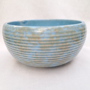 Op de afbeelding: Een lichtblauwe keramische kom met een getextureerd, geribbeld ontwerp. De kom heeft een subtiel gespikkeld patroon.