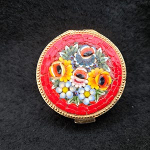 Vintage pill box. Italian micro mosaic. Red floral display. Gold-tone lidded pot. Hinge and clasp. Florence mosaic.