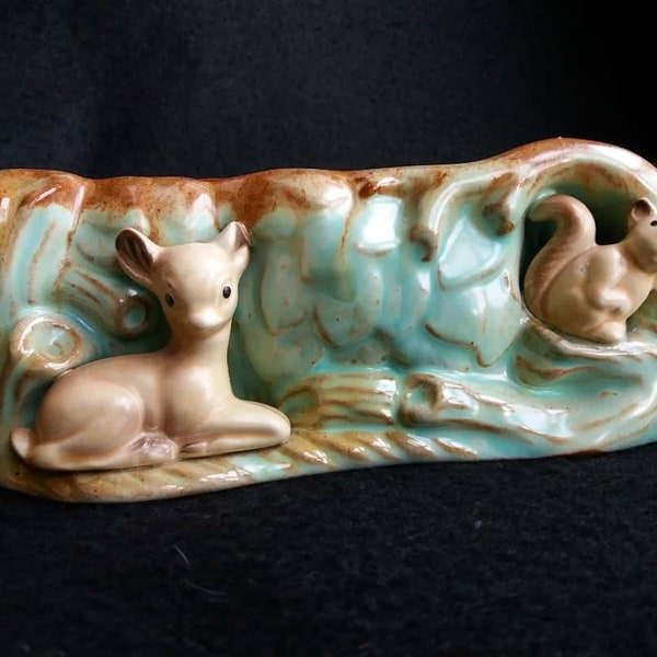 RARE vintage Hornsea FAUNA posy vase or planter. deer fawn and squirrel. red clay 1949 -1952. English ceramics post war.