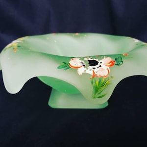 vintage Bagley Equinox Flower bowl. Art Deco. pattern 3061. handpainted. frosted green glass. 1930s. collectors glass. pressed glass