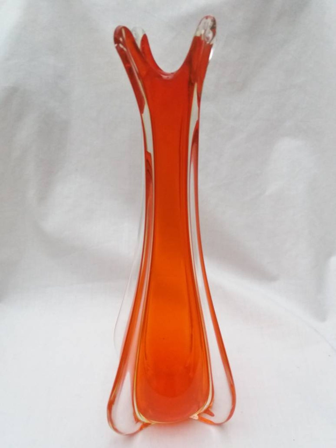 Vintage Murano Vase in Red Orange Encased Glass. Uranium Green Under UV