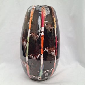Vintage Jasba Keramik vase  West German Pottery 1960s Jasba 101/18 multi colours over brown. Barrel vase.