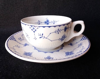 vintage Furnival's Denmark pattern cup and saucer duo. blue and white china. teacup pair. finlandia style