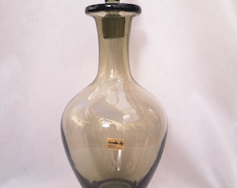 Vintage Czech glass decanter. Smoky green glass. Jonelle glass label. 1980s.