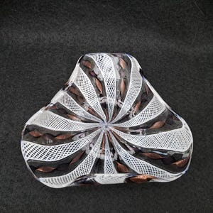 Vintage Murano Zanfirico bowl or ashtray. twisted canes. Dark purple, copper aventurine spirals and white latticino. 1950s. delicate glass