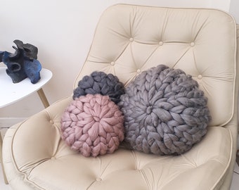 Chunky Knit Cushion, Various Colours,  Hand Made to Order,  Giant Knit Round Pillow, 100% Vegan