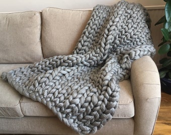 Light Grey Chunky Knit Acrylic Blanket, Ready to Ship Hand Made Giant Knit Throw, 100% Vegan