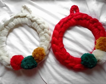 Christmas Wreath, Chunky Knit Pom Pom Wreath, Wool Wall Hanging, Home Decor, Various Colours