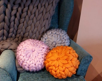 Chunky Knit Cushion, Various Colours,  Hand Made to Order,  Giant Knit Round Pillow, 100% Vegan